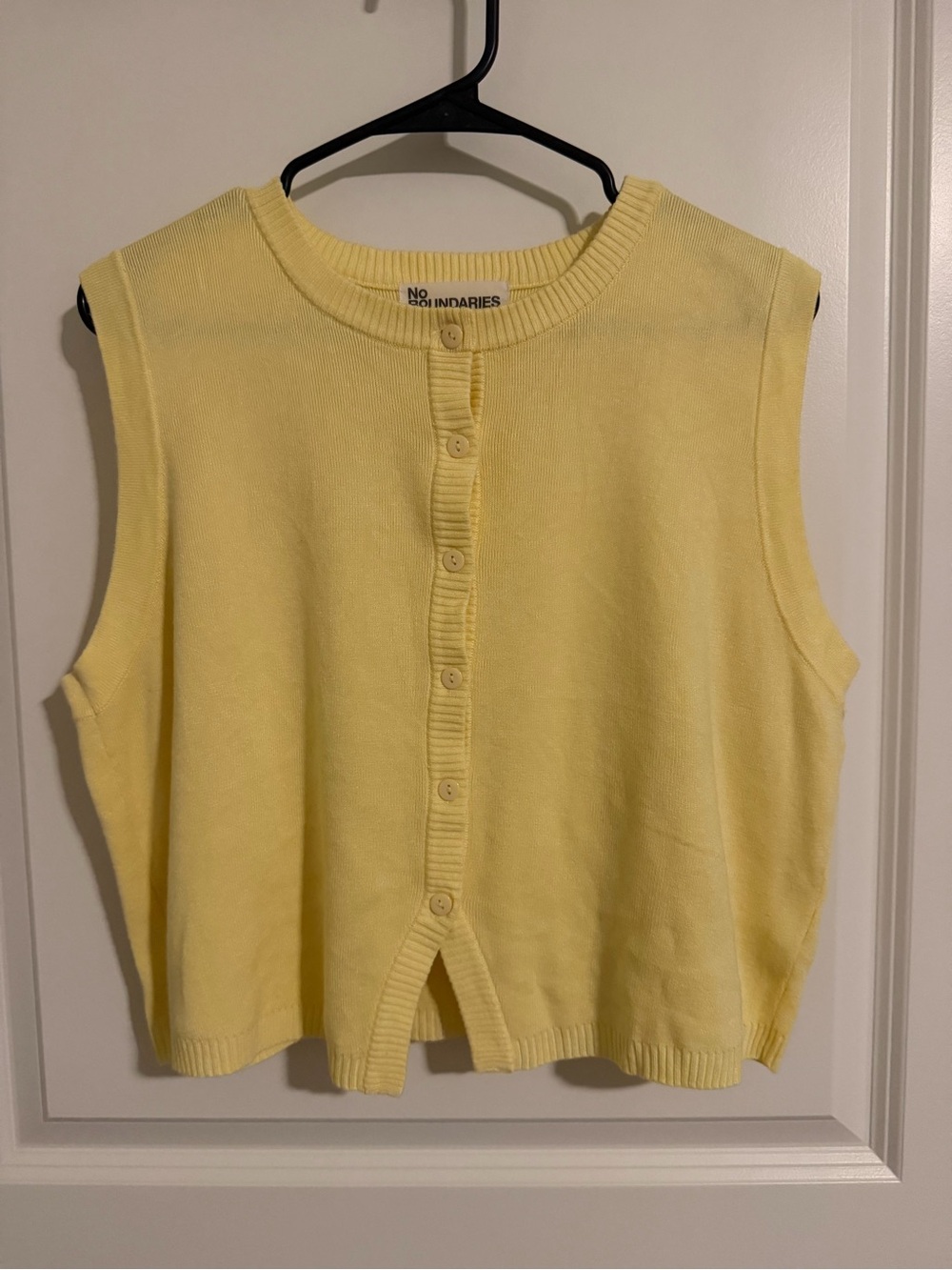 No Boundaries Butter Yellow Button-Front Sleeveless Crewneck Sweater